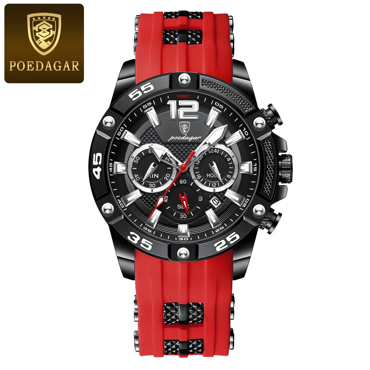 Montre sport PoEDAGAR chronographe, bracelet silicone rouge, cadran noir à compteurs