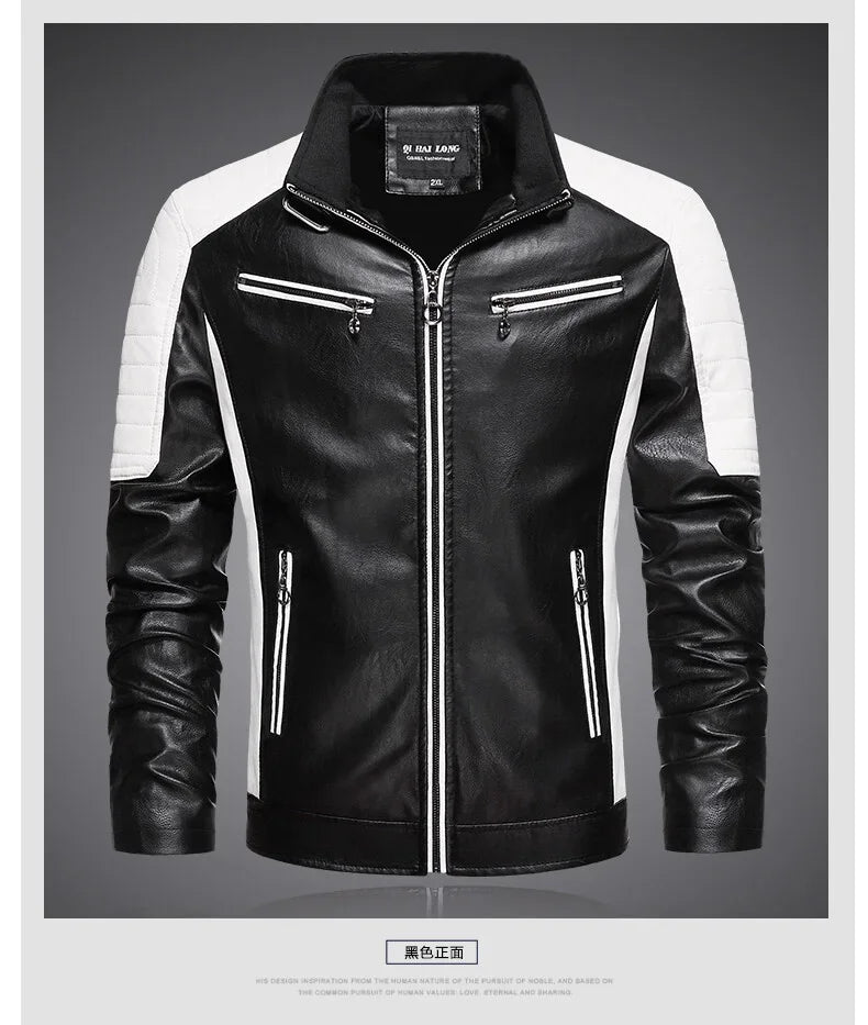 Veste motard en cuir PU homme noire avec empiècements blancs, fermeture zippée