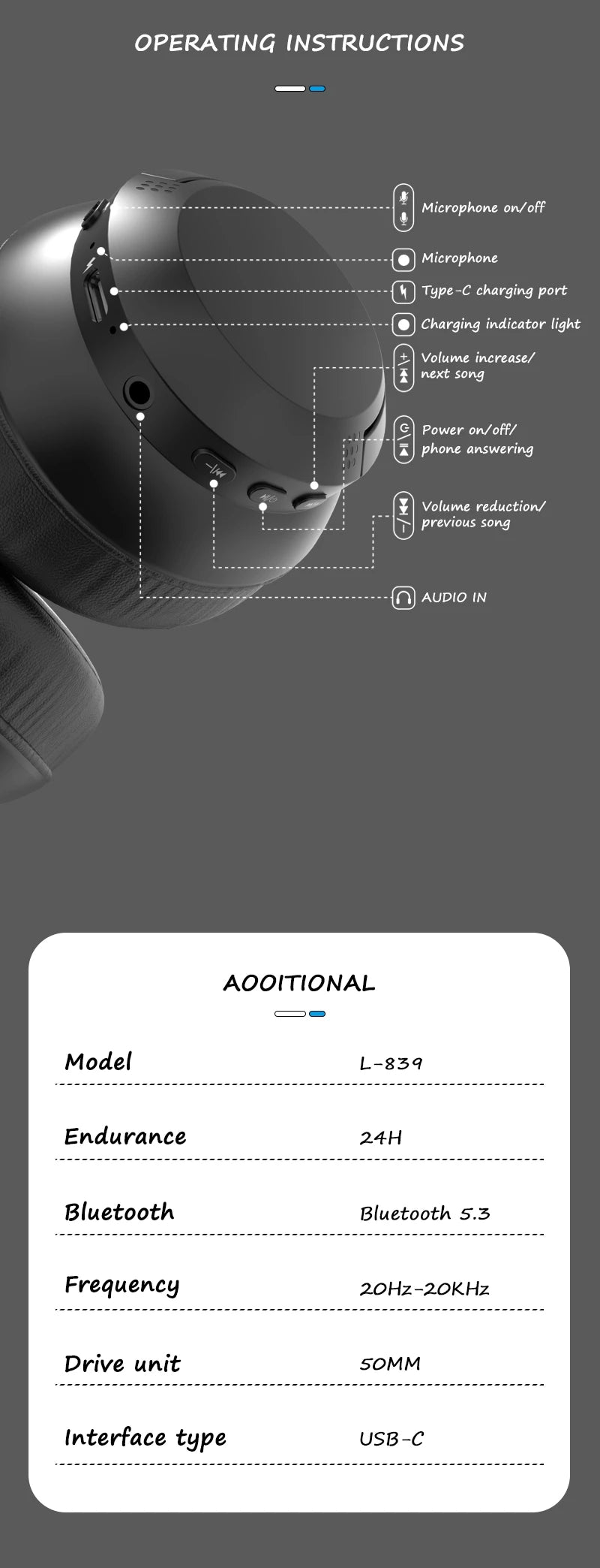 LDON L839 Bluetooth 5.3 écouteurs casque pliable