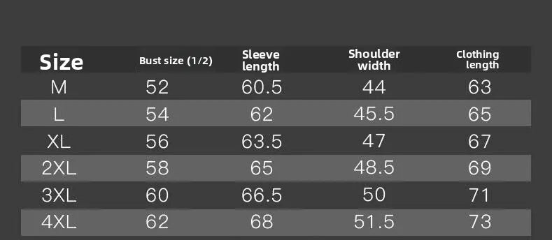 Tableau des tailles pour veste: M à 4XL, tour de buste, longueur et largeur épaules.