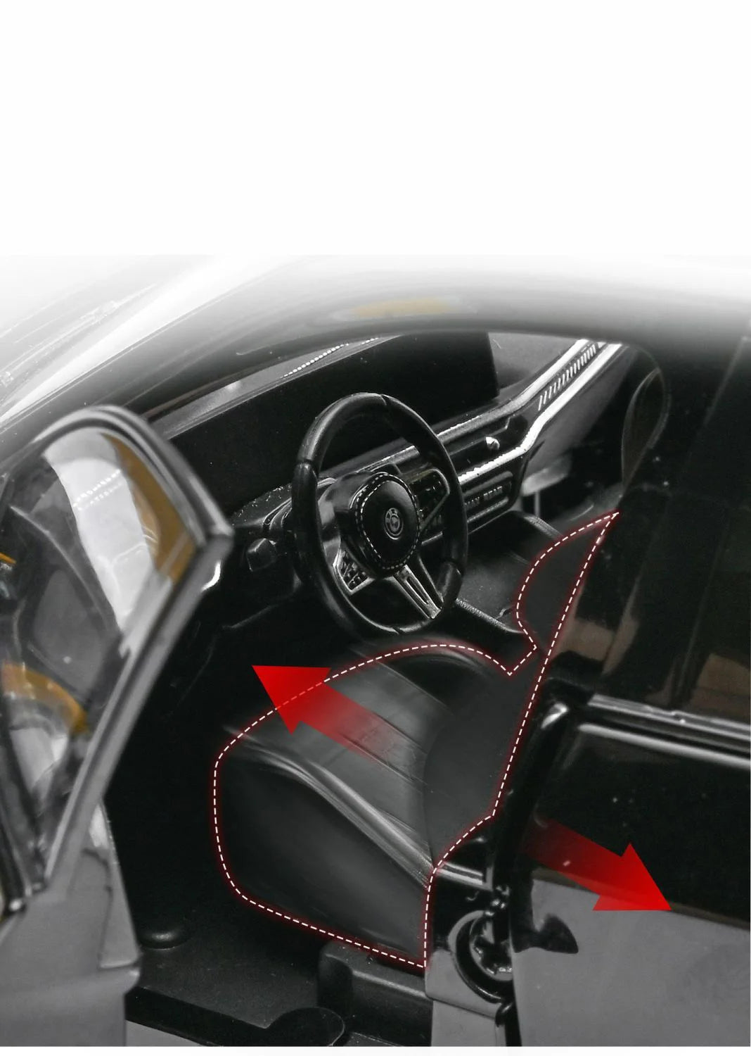 Voiture miniature BMW X5M, intérieur noir avec sièges surpiqués rouges et volant