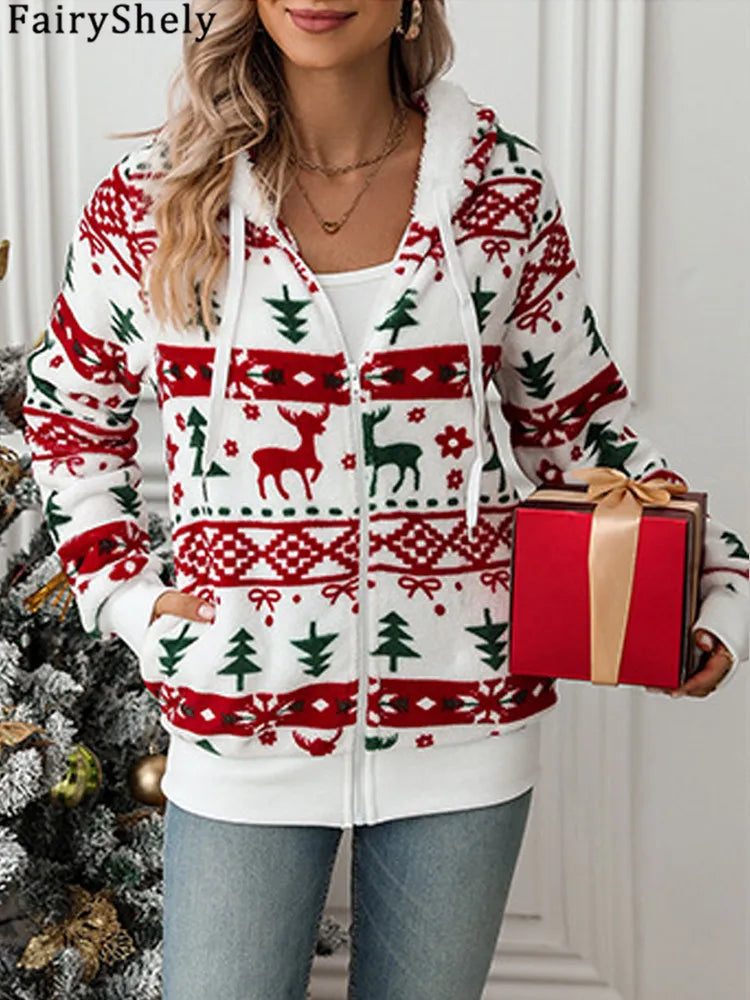 veste de noel en peluche décontracté chaud à manches longues pour femmes