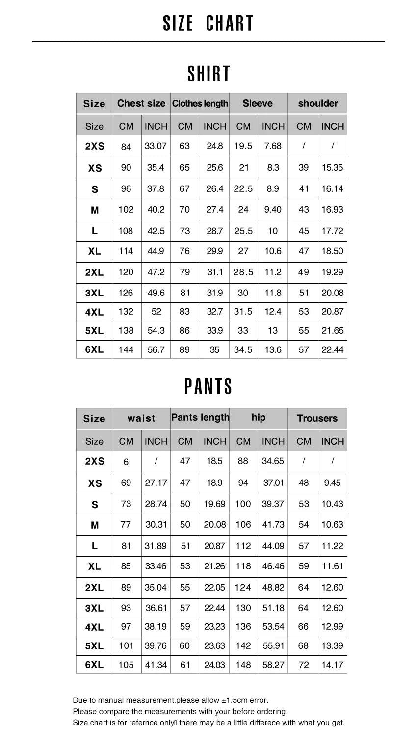 Tableau des tailles : t-shirt et pantalon, mesures cm et pouces pour plusieurs tailles