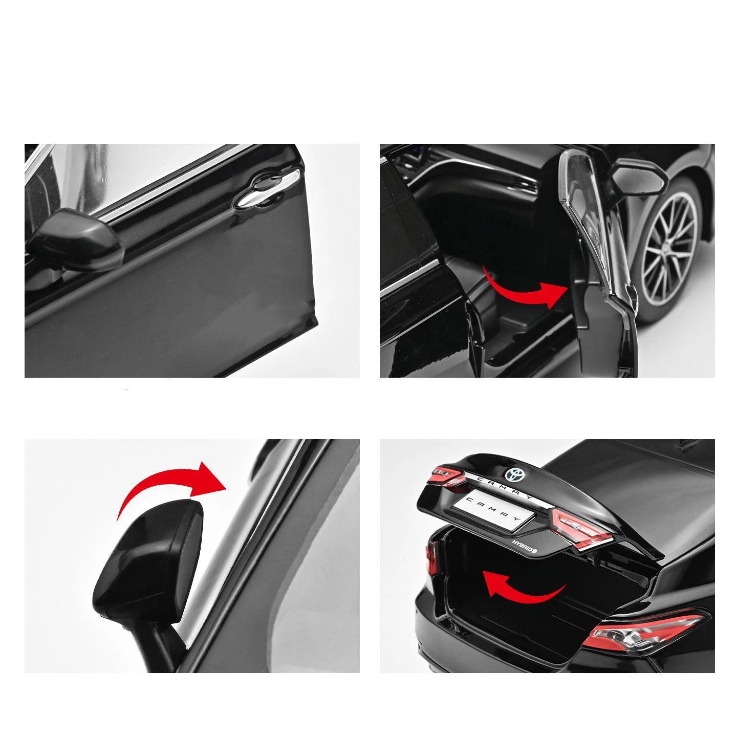 Voiture miniature noire Toyota Camry, détails extérieur: rétroviseurs et feux arrière