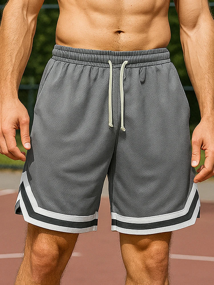 Short de sport homme gris, taille élastique à cordon, bandes contrastées blanc