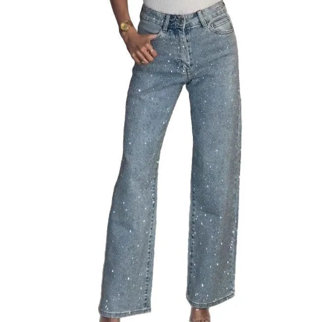 jeans droit délavé taille haute pour soirée festive