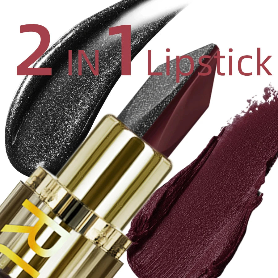 Rouge à lèvres bicolore en étui doré, embout sombre et trace de couleur sur la lèvre