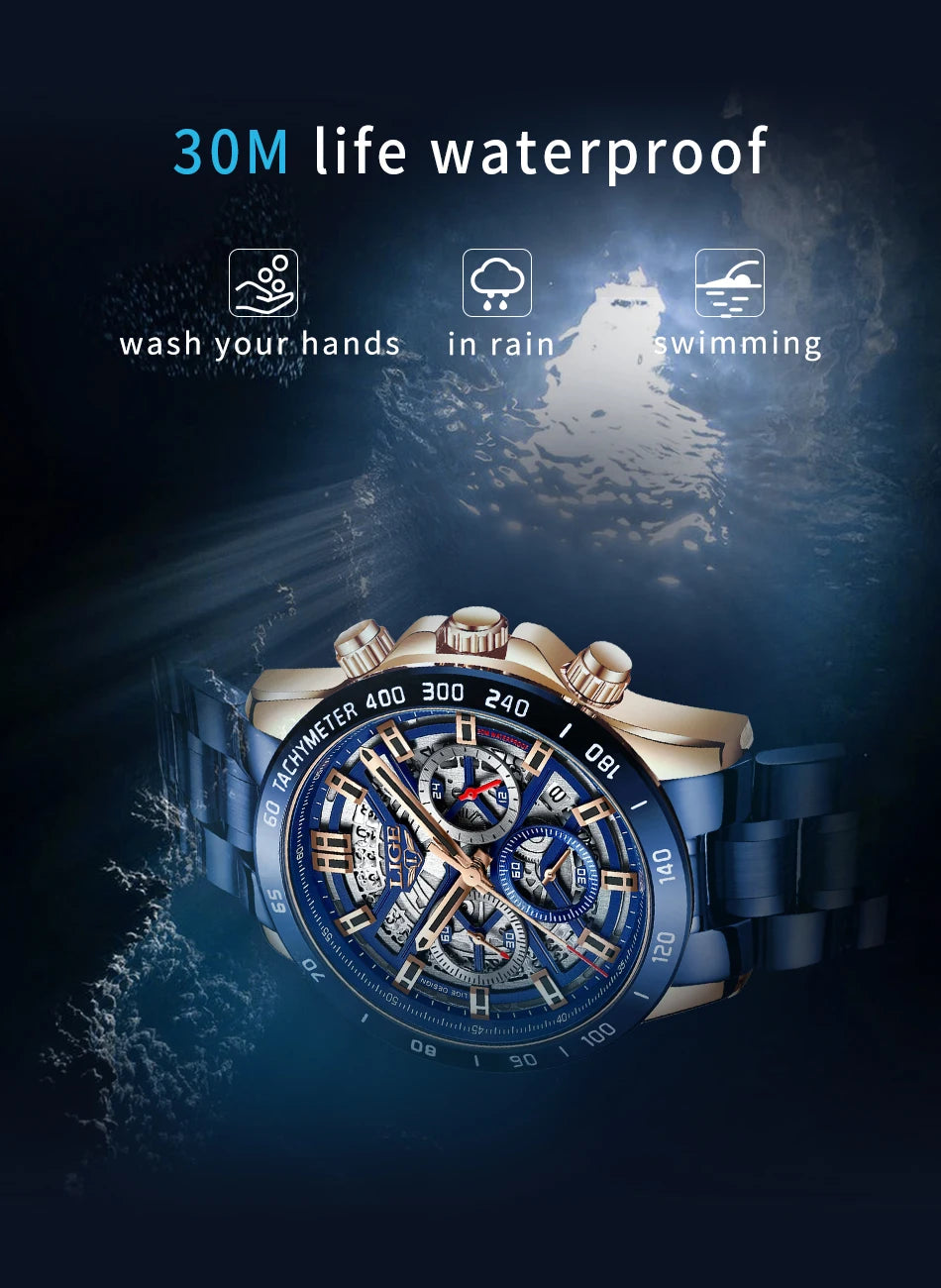 LIGE-Montre-bracelet à quartz étanche pour homme, chronographe de sport