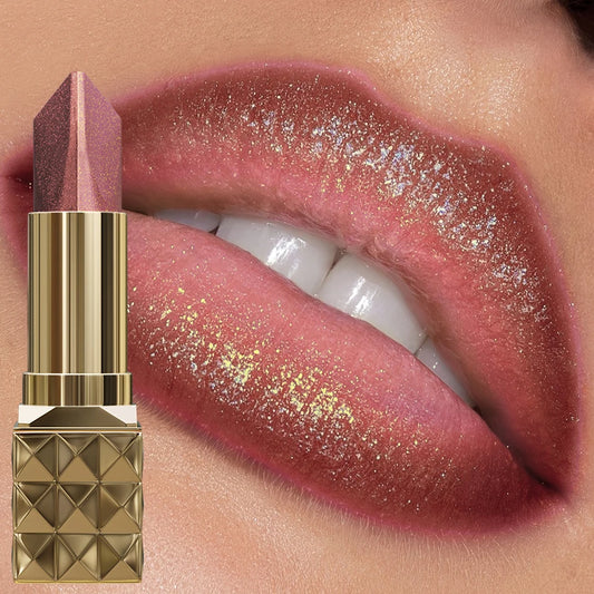 Rouge à lèvres bicolore pailleté nacré, embout violet et lèvres rose pailleté