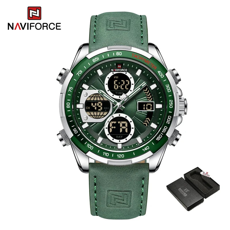 Montre homme sport cadran vert, boîtier argenté, bracelet cuir vert, affichage numérique