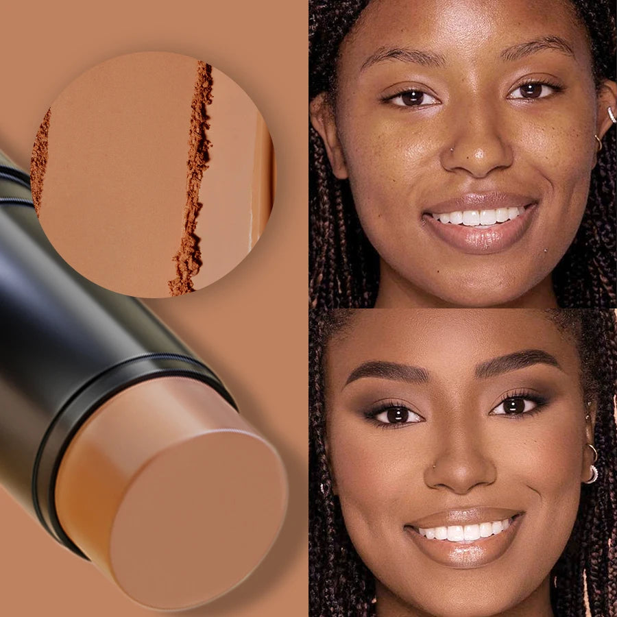 Crayon correcteur en bâton noir avec embout beige, présentation de teinte et visage