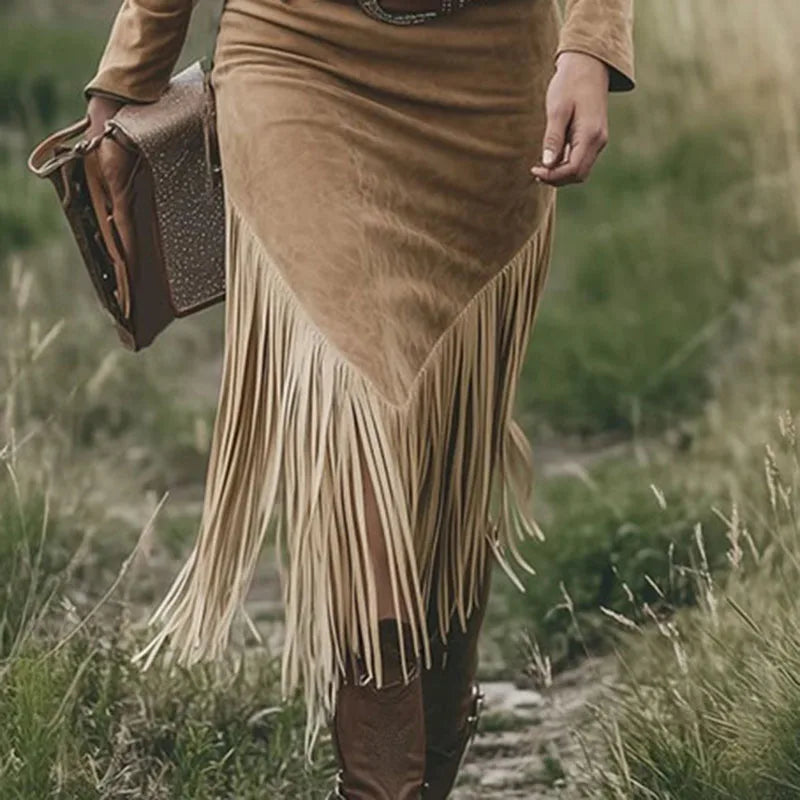 Robe Occidentale Rétro en Daim à Franges - Style Western Chic Femme