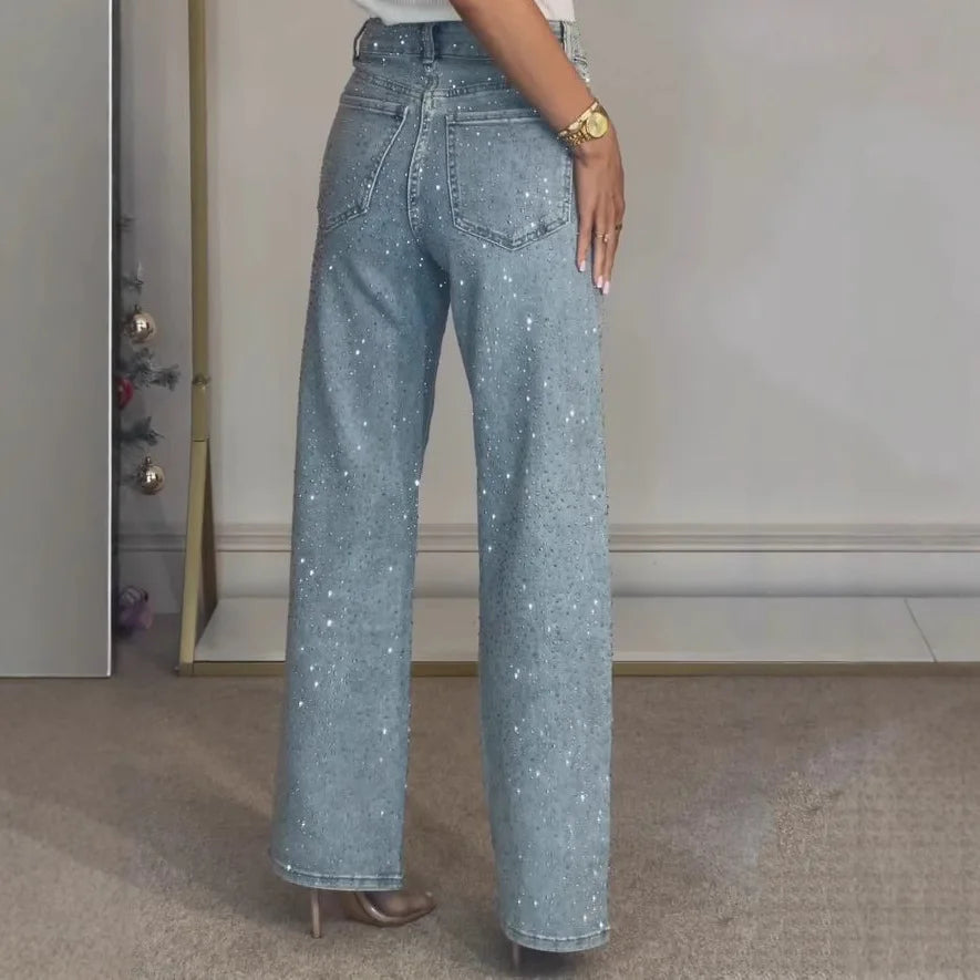 jeans droit délavé taille haute pour soirée festive