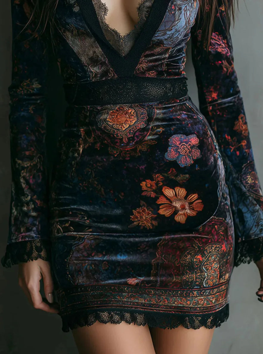 Mini robe en velours imprimé Floral pour femmes, Vintage, élégante