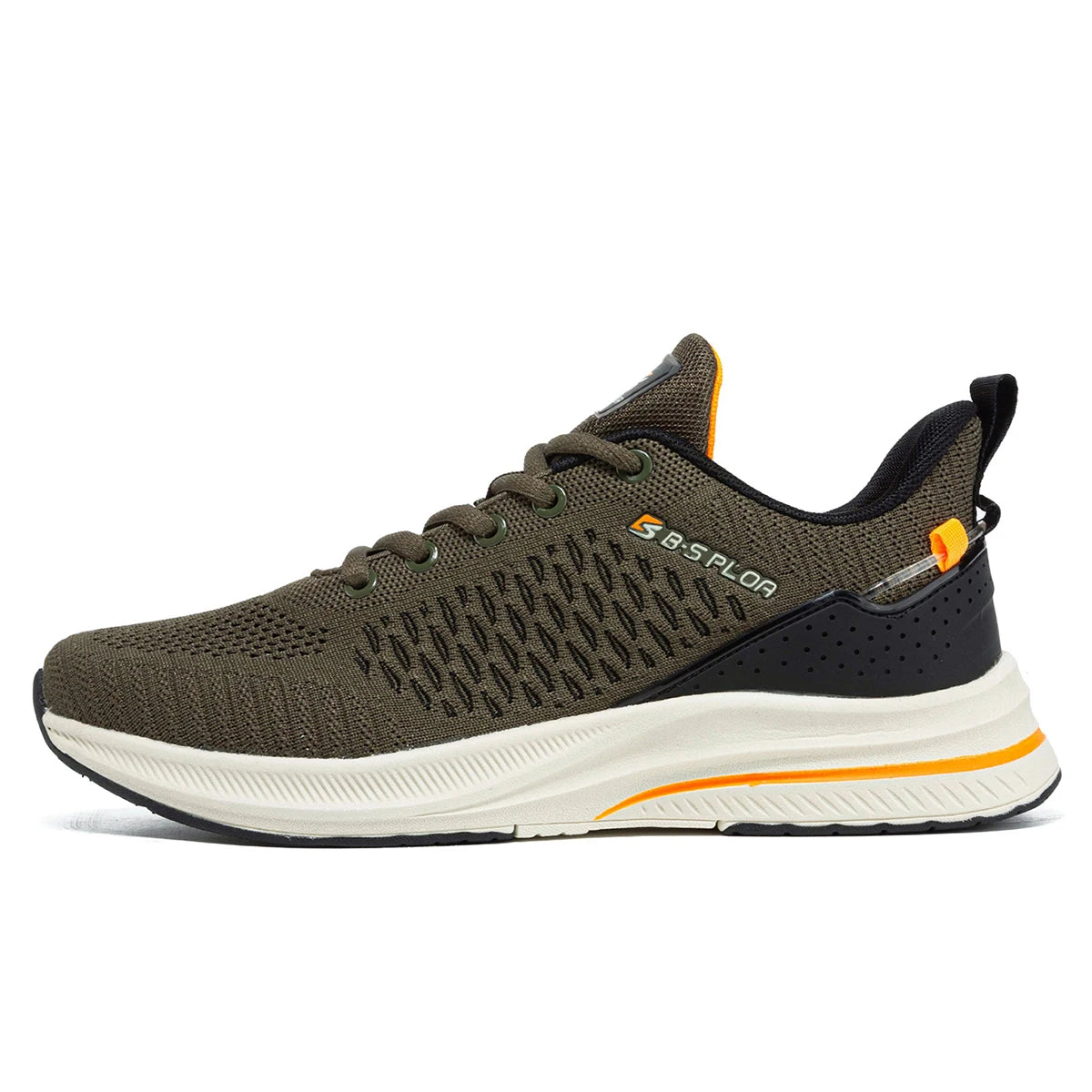 Chaussures de running homme kaki, empiècement noir, semelle claire, accents orange.