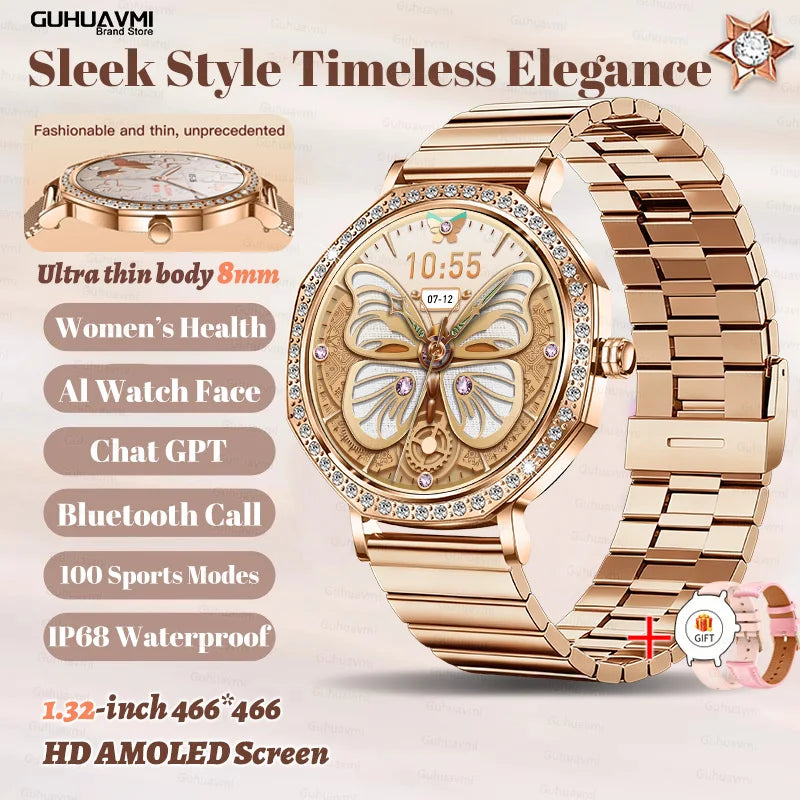 Montre Connectée Luxe Femme Diamant ChatGPT - 8mm Ultra Fine Bluetooth IP68 Or Rose - MONASTORESHOP.COM
