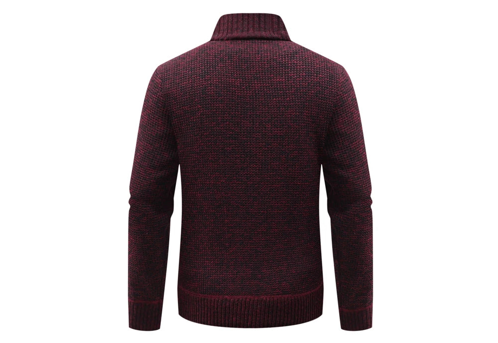 Cardigan homme bordeaux en maille, col montant côtelé, manches longues, vue dos.
