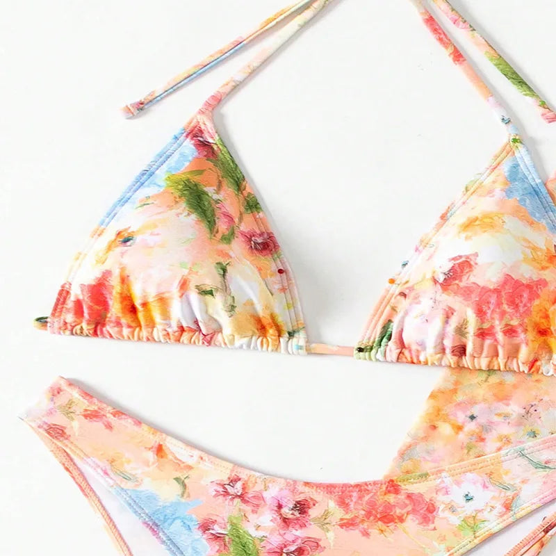 Ensemble Bikini 4 Pièces Taille Haute Imprimé - Jupe & Haut Manches Longues Sexy