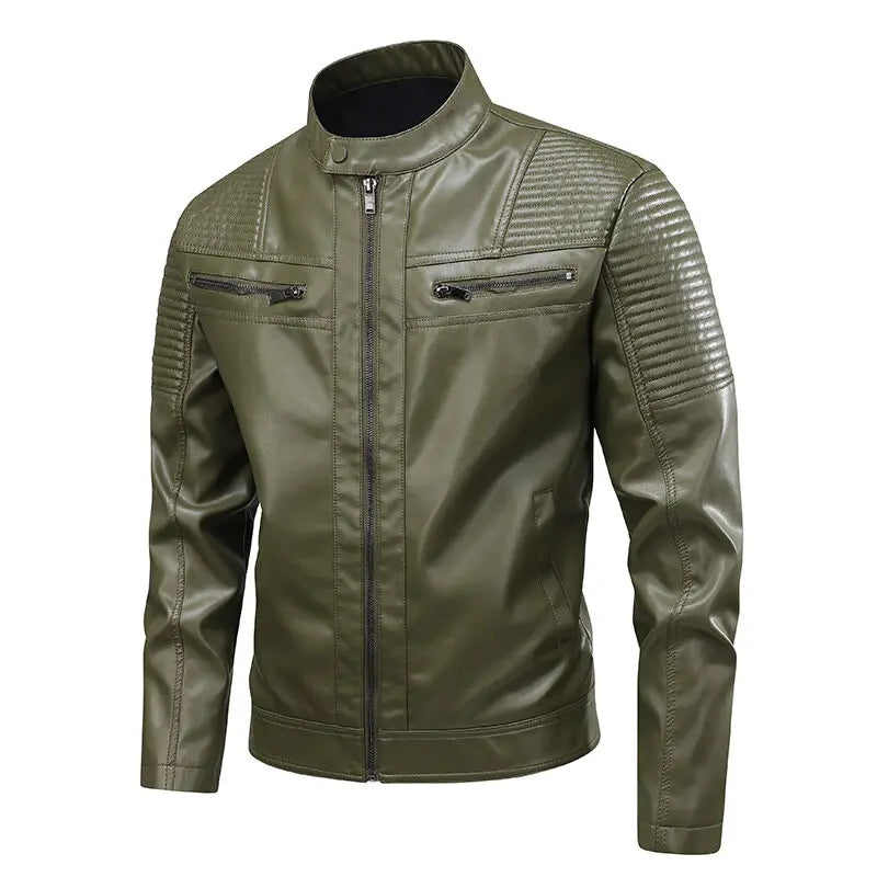 Blouson cuir vert armée pour homme, col montant et zips latéraux sur les manches.