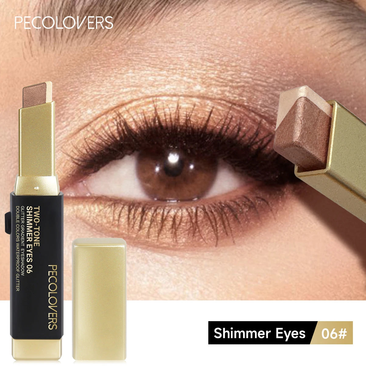 Fard à paupières en stick, doré et cuivré, maquillage lumineux pailleté sur la paupière
