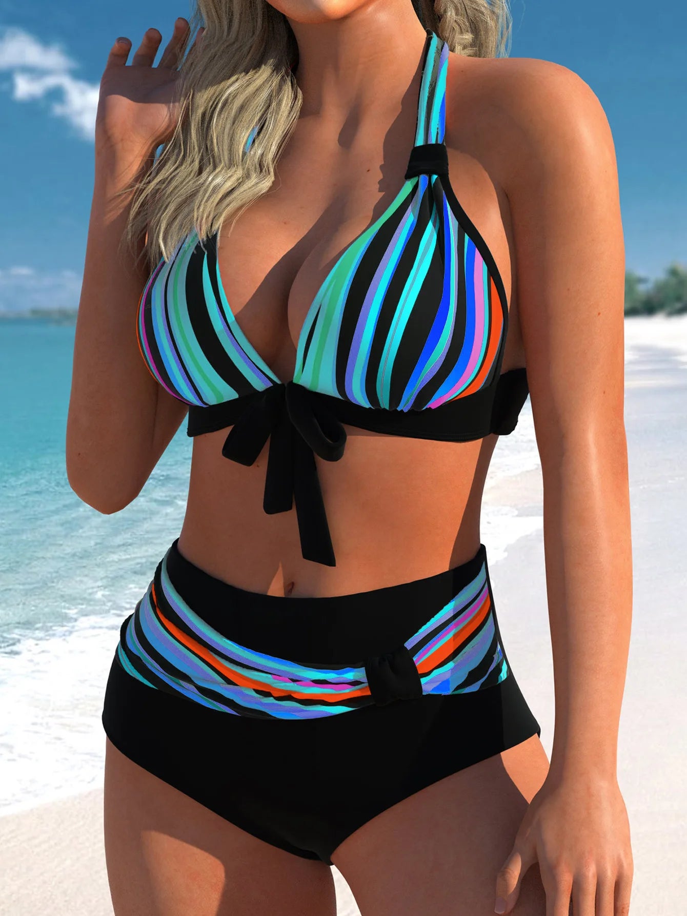 Ensemble bikini rayé patchwork, licou dos nu, nœud noir, rayures bleu-vert