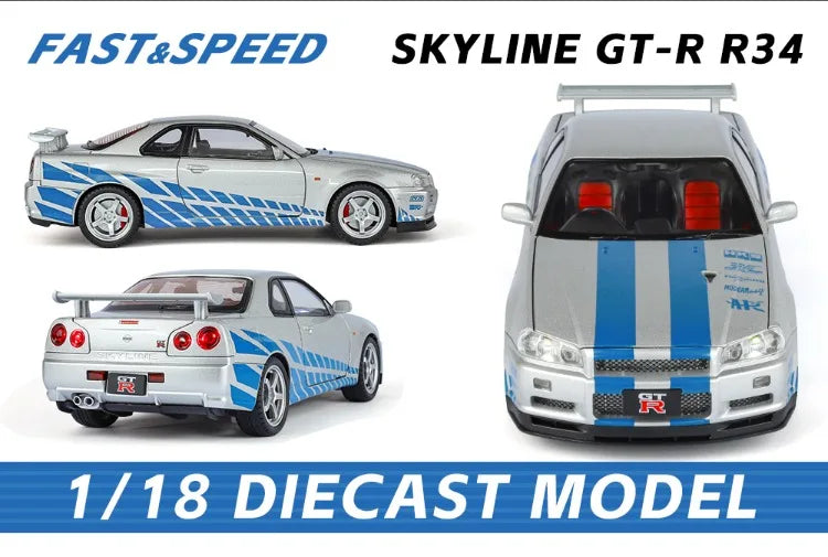 Modèle de voiture Nissan GT-R R34 Skyline en alliage roue démontable au 1/18
