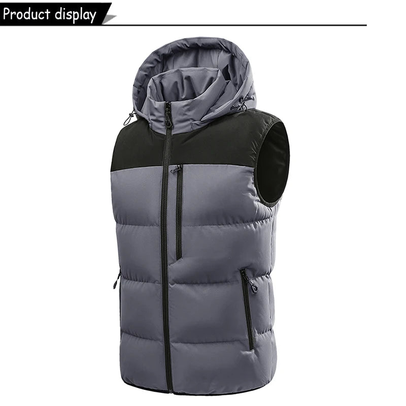 Gilet sans manches matelassé gris foncé et noir, capuche, fermeture zippée centrale