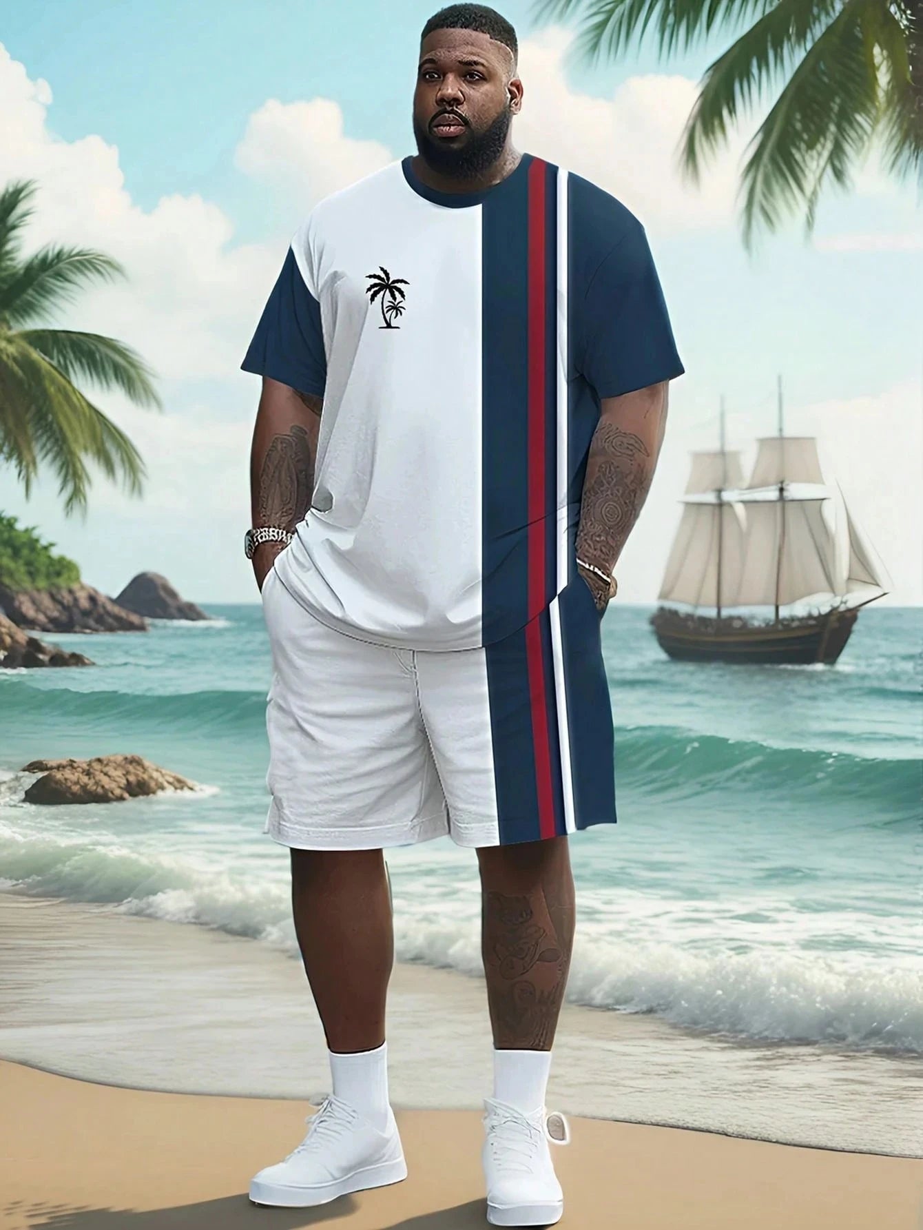 Ensemble t-shirt blanc avec liseré rayé bleu et rouge, short blanc assorti
