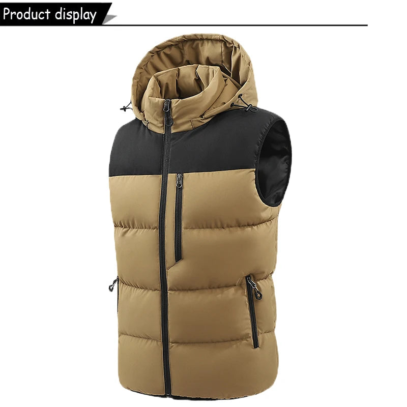 Gilet sans manches homme matelassé bicolore beige et noir, à capuche, fermeture zippée