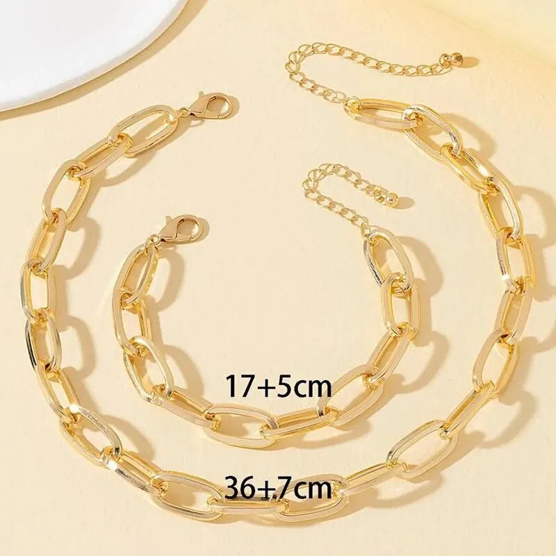 Ensemble Bijoux Femme Chaîne Punk Plaqué Or - Collier Bracelet Gros Maillons Style Dubai