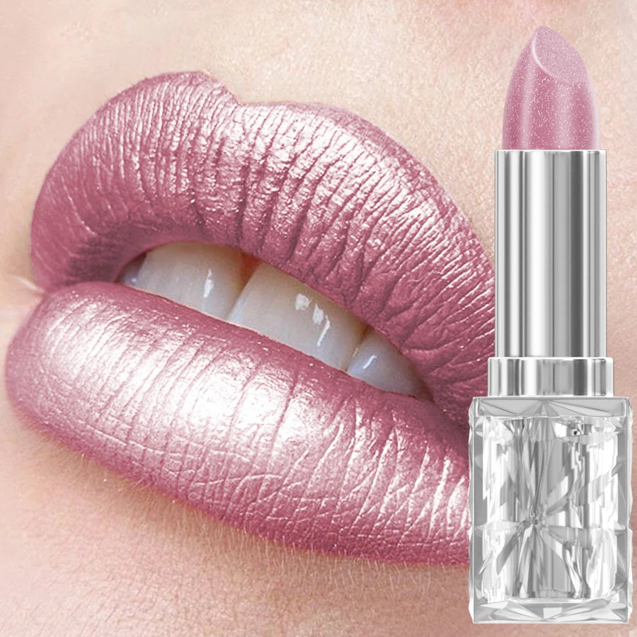 Rouge à lèvres velours pailleté métallisé mauve rosé, lèvres nettes et étui