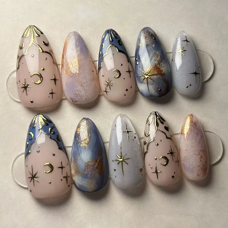 Faux ongles noirs dégradés, 24 pièces, motif étoile jaune, lune, cygne