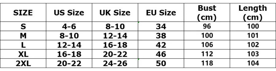 Tableau des tailles : S à 2XL, correspondances US/UK/EU, tour de poitrine et longueur