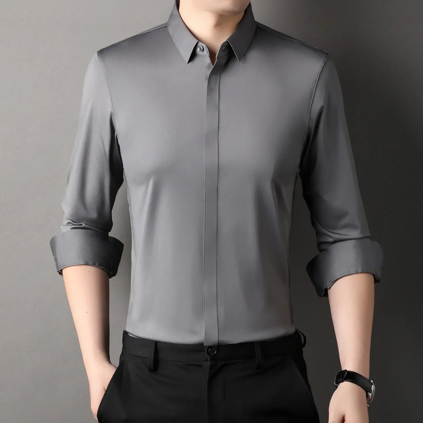 chemise hommes décontracté en soie polyester slim