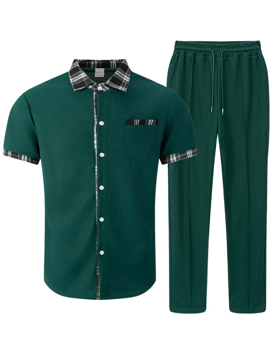 Ensemble chemise gaufrée col à carreaux boutonné et pantalon assorti vert foncé