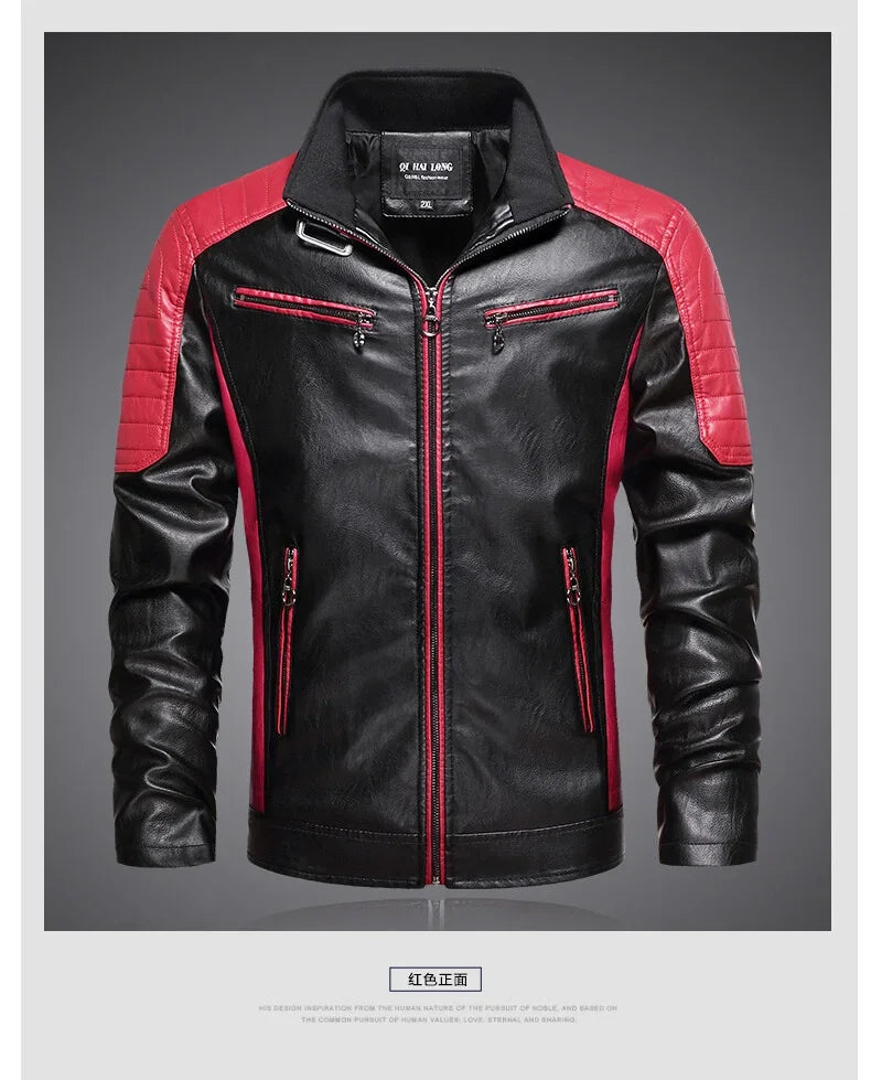Veste motard en cuir PU homme noire et rouge, col montant, fermeture zippée
