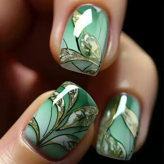 Faux ongles à pression carrée courte, fleur de Jade