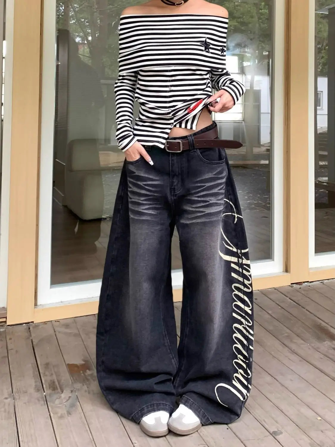 Jean Baggy Y2K Femme – Coupe Boyfriend Oversize, Imprimé Lettres Harajuku