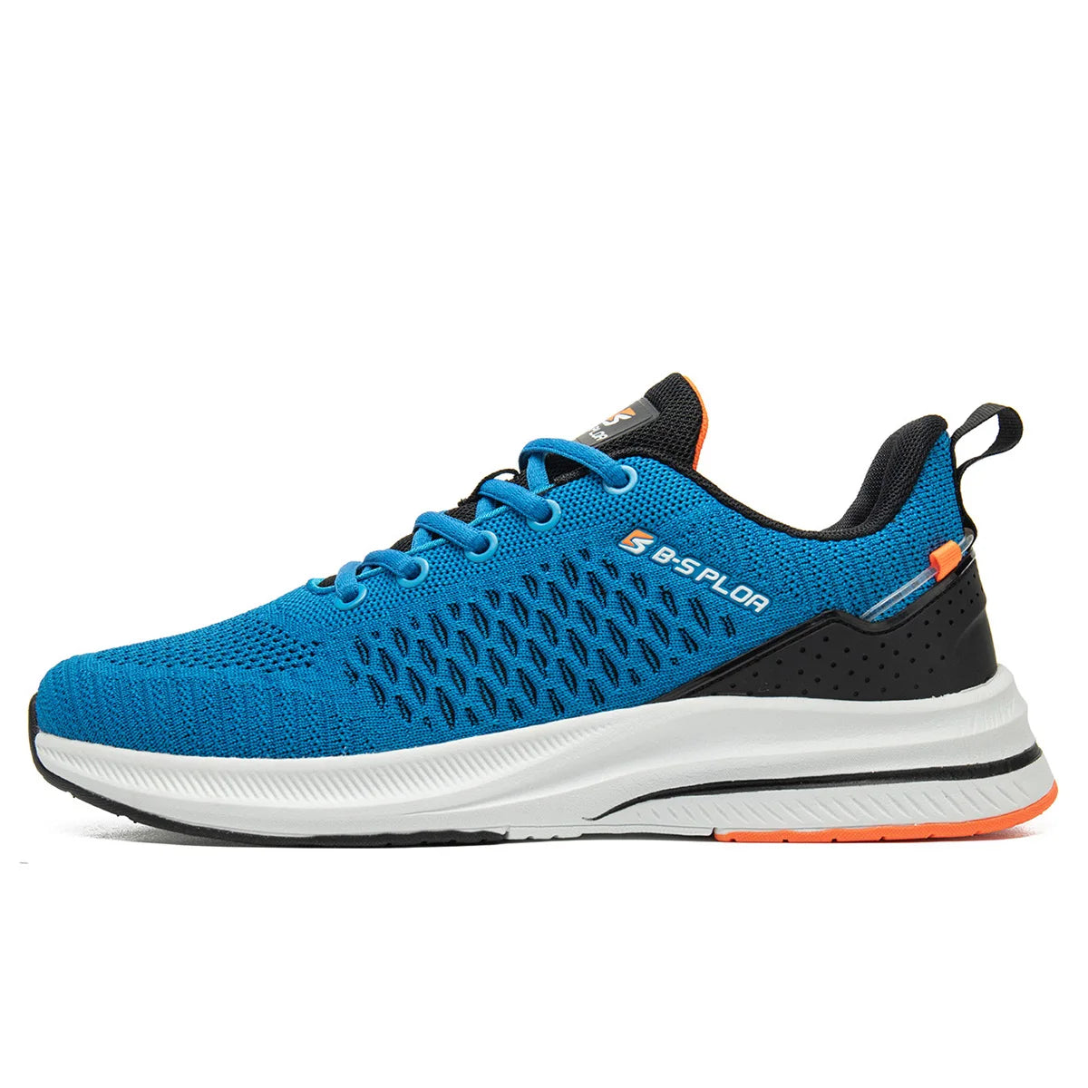 Chaussure running homme maille bleue, lacets, semelle blanche amortie, détail orange