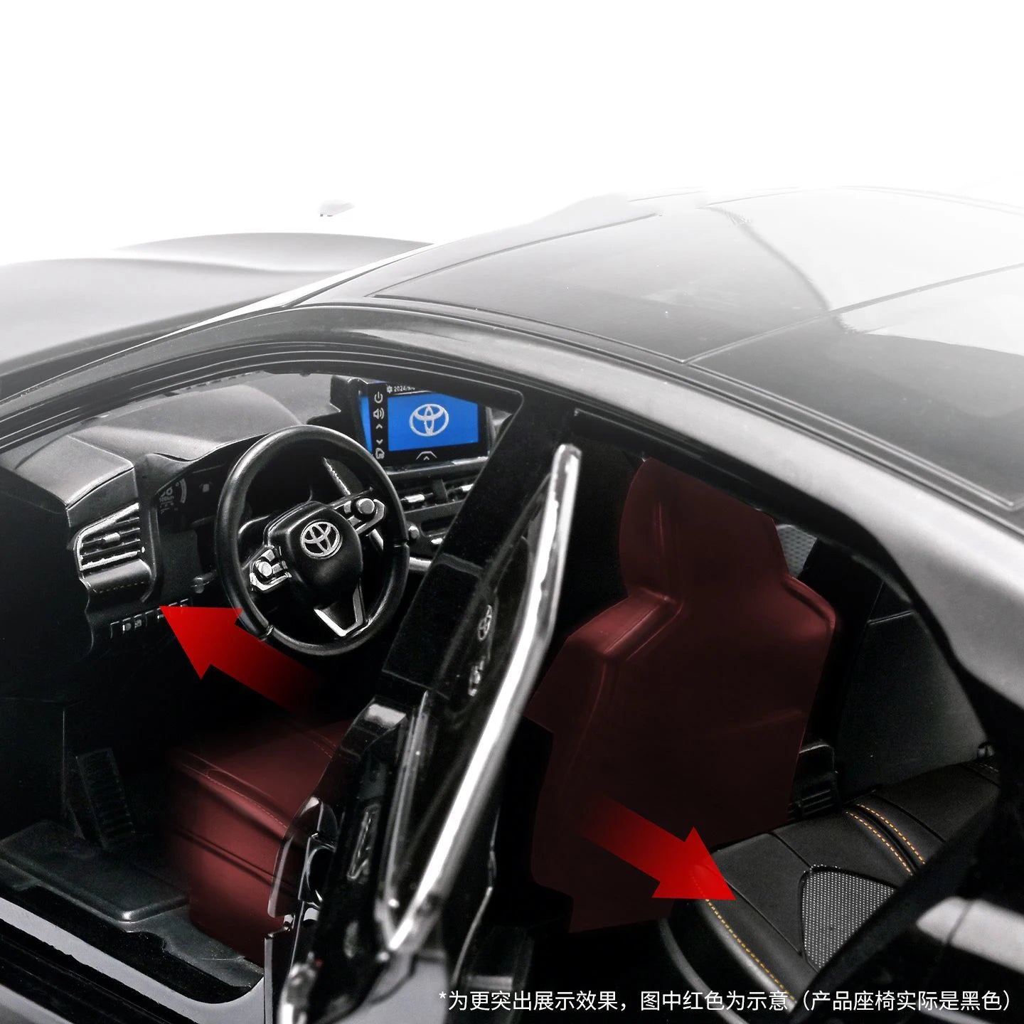 Intérieur voiture miniature blanche Toyota Camry, volant et sièges bordeaux