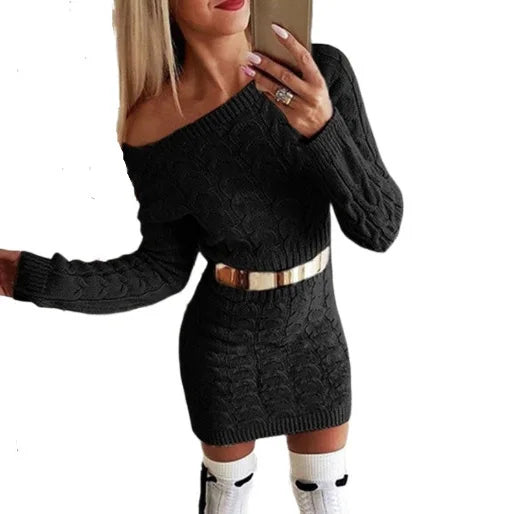 Robe Pull Courte Femme Épaule Dénudée – Coupe Ample Manches Ballon Style Décontracté