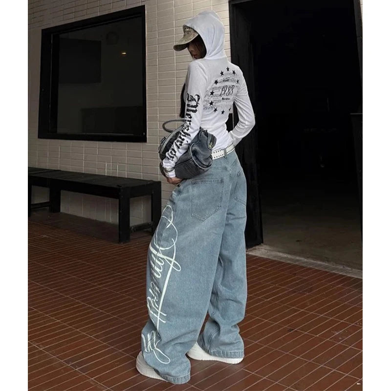 Jean Baggy Y2K Femme – Coupe Boyfriend Oversize, Imprimé Lettres Harajuku