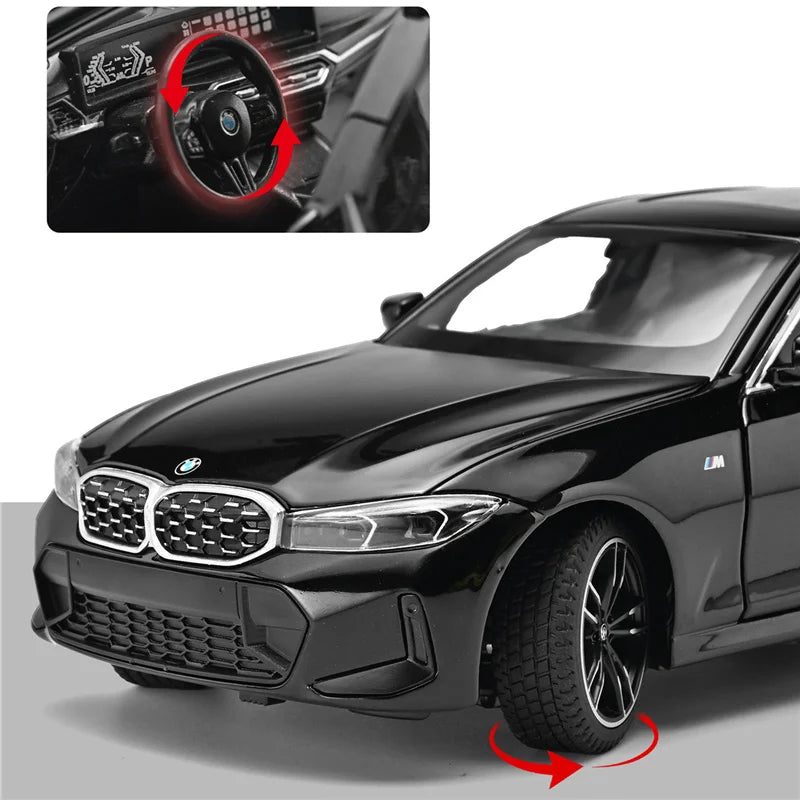 Voiture miniature BMW Série 3 M Coupé noire, vue avant avec volant détaillé (insert)
