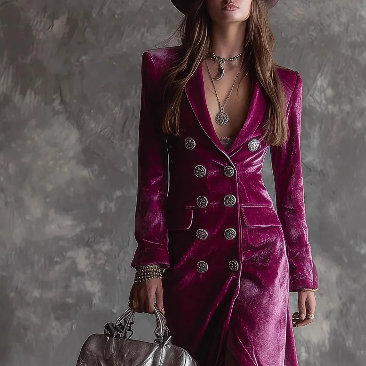 Robe Mi-Longue en Velours Femme Élégante - Double Boutonnage Automne