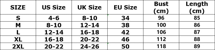 Tableau des tailles S à 2XL : tour de buste et longueur (cm)