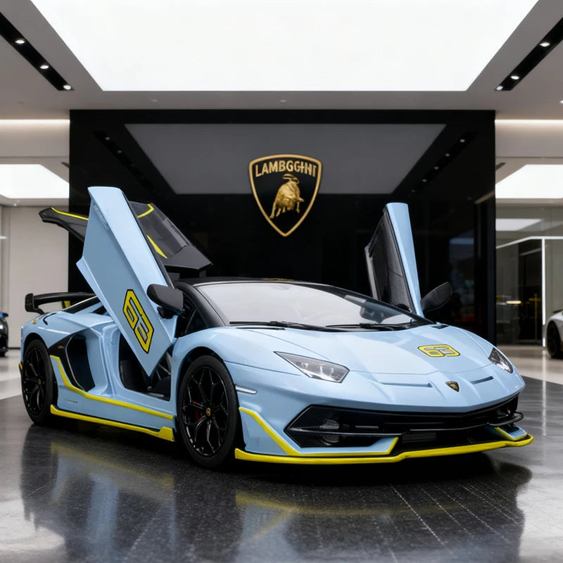 Voiture miniature supercar en métal, carrosserie bleu clair avec bandes jaunes et jantes noires