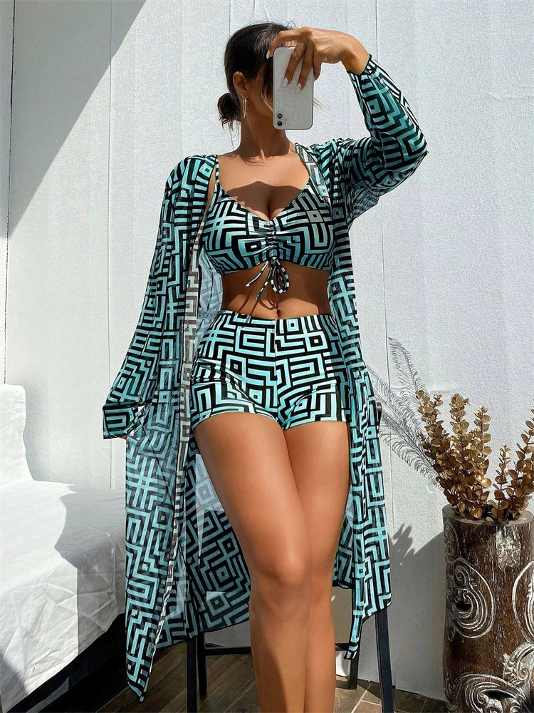 Ensemble bikini taille haute avec haut court et paréo manches longues, motif géométrique vert-bleu