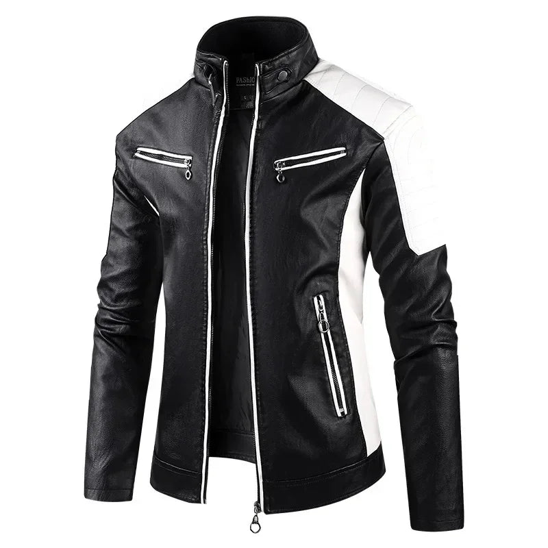 Veste motard en cuir PU homme noire avec empiècements blancs, détails zippés