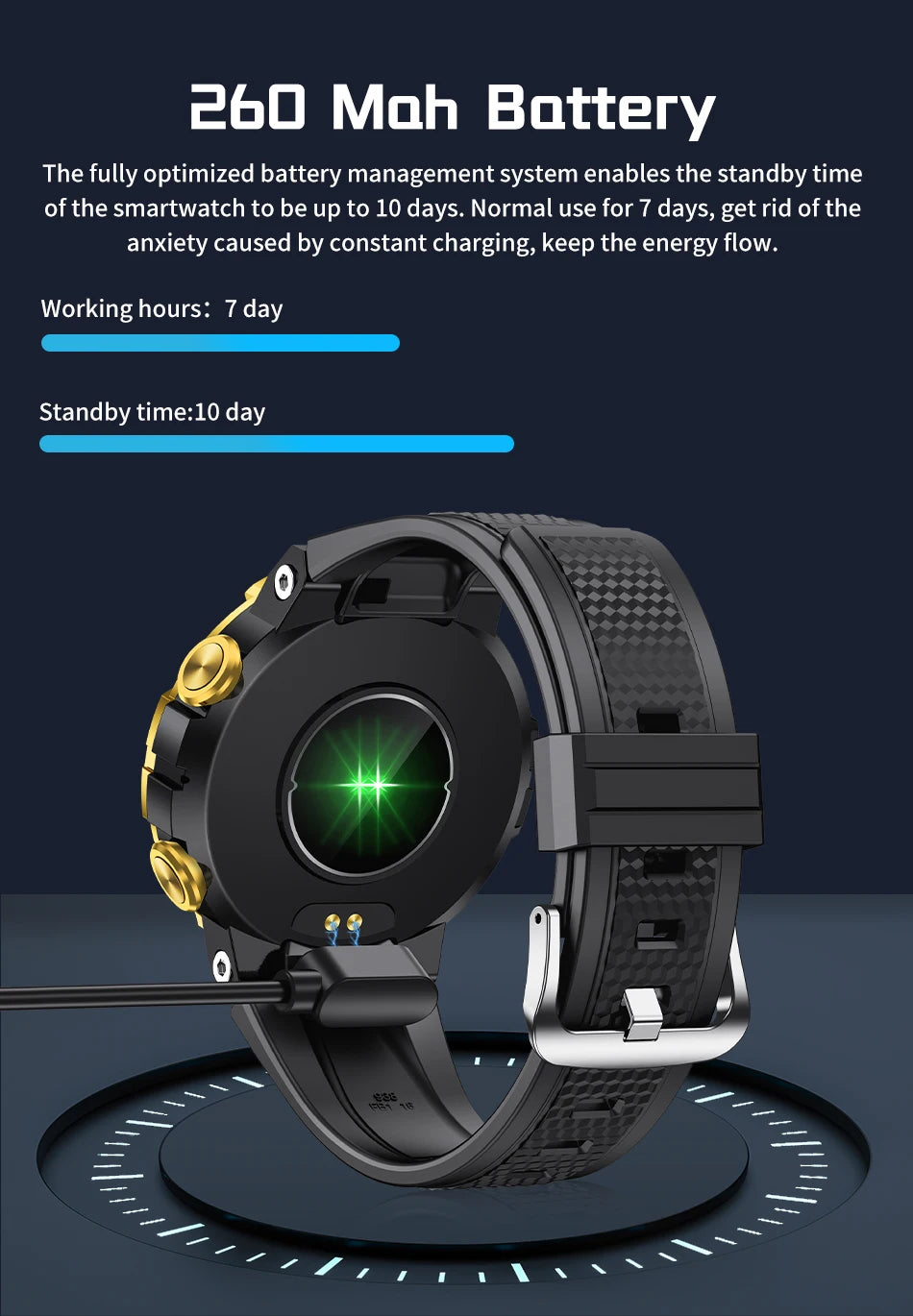 Montre connectée noire à bracelet en caoutchouc, capteur vert sur cadran.