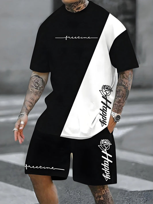 Ensemble t-shirt à col rond et short, noir et blanc, imprimé roses sur la poitrine